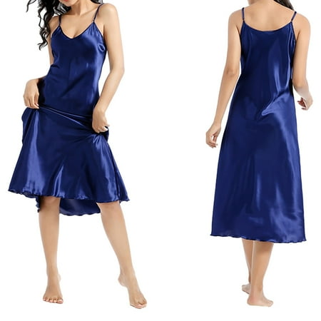 knqrhpse Nightgowns for Women Womens Pajamas Women Nightgown Dress Sleepwear V Neck Negligee Lingerie Long Nightwear Midi Dress Summer Dresses Blue S