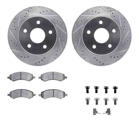 Dynamic Friction Company Front Brake Rotors-Drilled and Slotted-Silver with 5000 Advanced Brake Pads includes Hardware 7512-40090