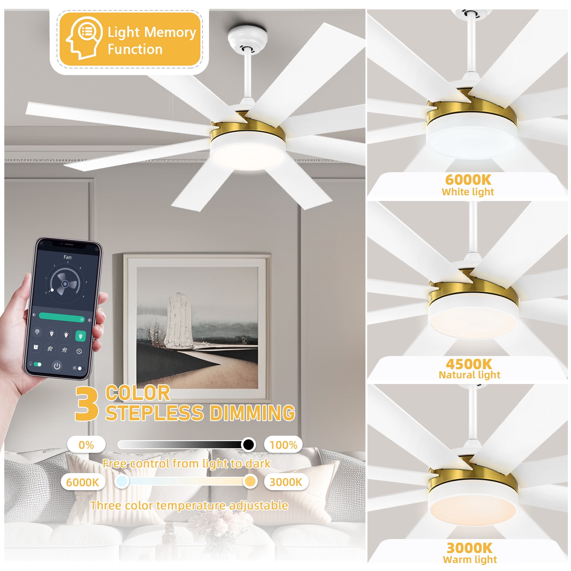 DWVO 60in Ceiling Fan with Light and Remote, Modern Fan Light With 8 Blades,6 Speeds - White & Gold