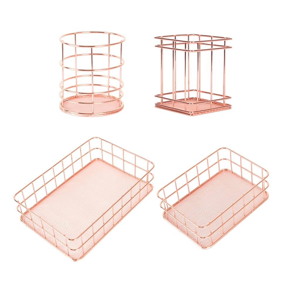 4pcs Nordic Style Rose Gold Metal Iron Storage Pen Container Tray