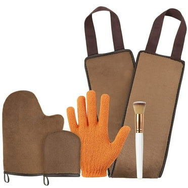 Luxspire 5 Piece Self Tanning Mitt Applicator Kit, Soft Tanner Mitt Set with Exfoliating Glove, Back Lotion Applicator, Face Makeup Brush, Mini Finger Face Mitt for Lotions, Mousses,Creams