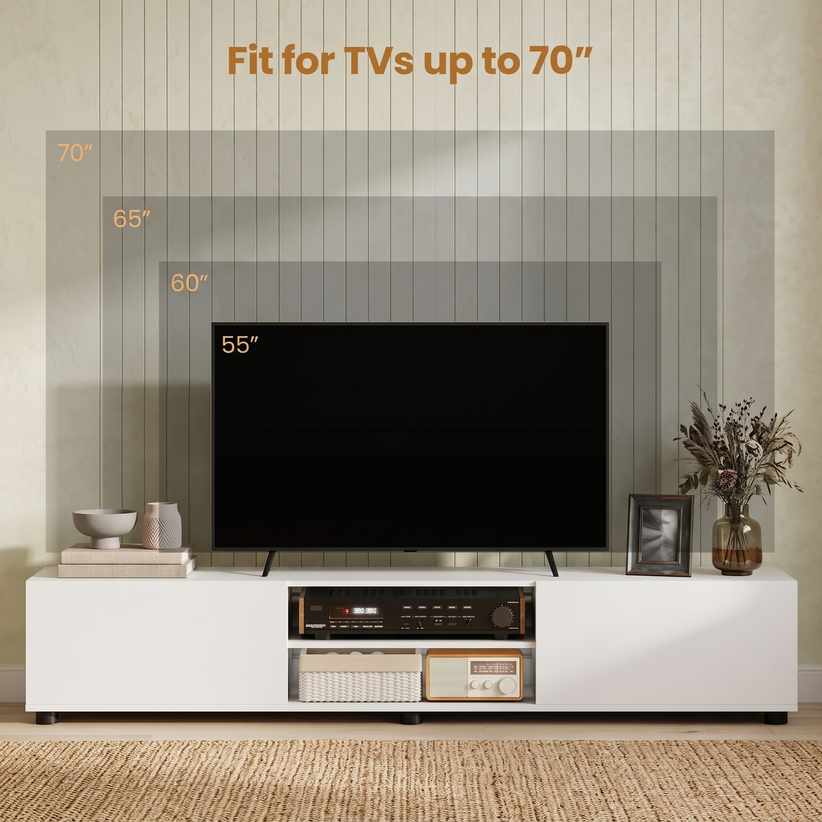 Furnibear Modern TV Stand for TVs up to 70 Inch, Minimalist Entertainment Center Media Console with 2 Doors and Open Shelves, Engineered Wood Storage Cabinet, White