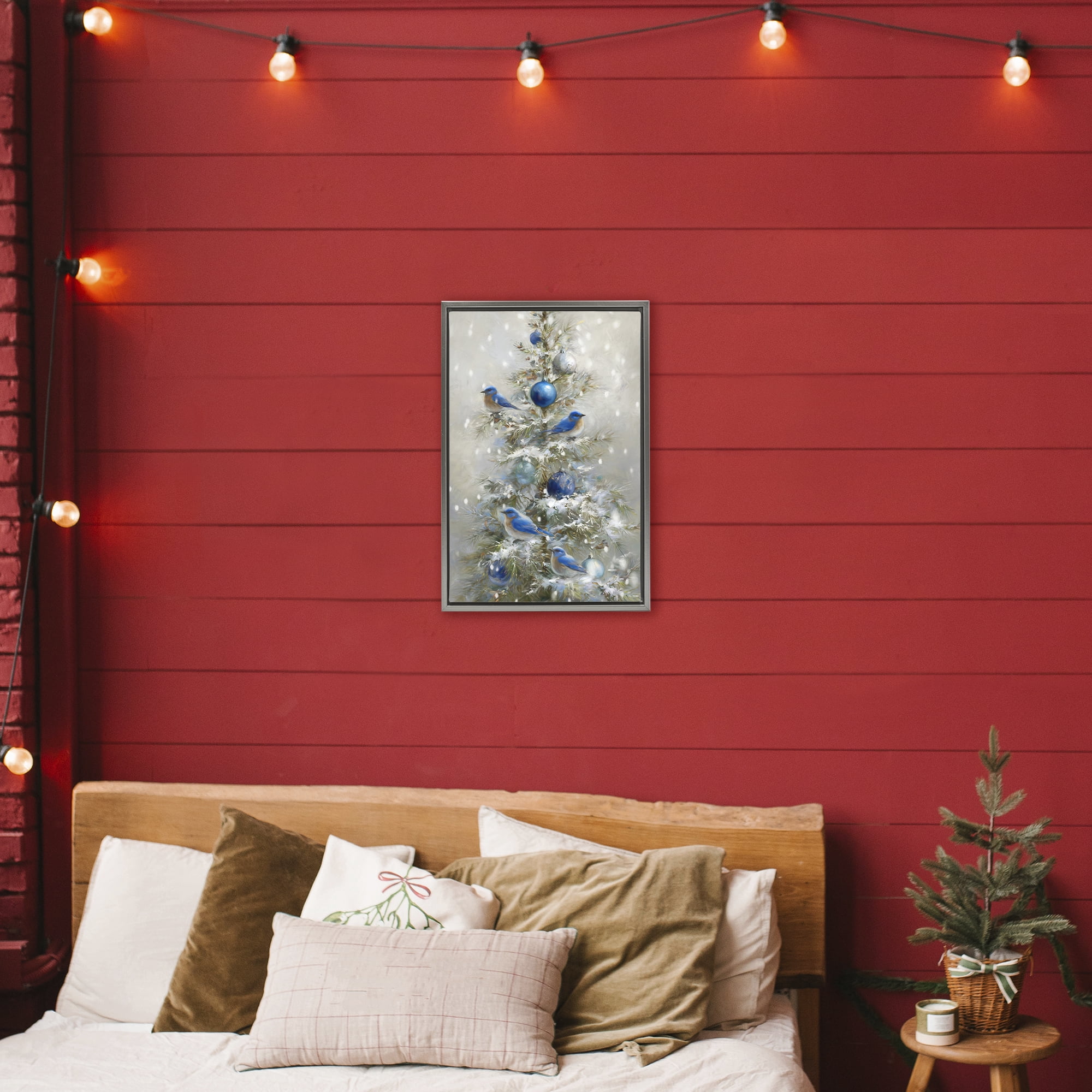 Stupell Industries Blue Bird Christmas Tree Gray Framed Floater Canvas Wall Art, design by Tina LeCour