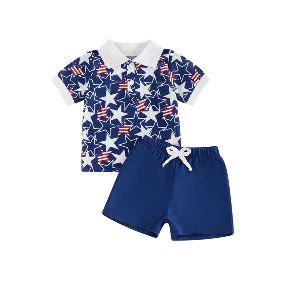 BemeyourBBs Toddler Baby Boy 4th of July Outfit Infant Baby Boys Independence Day Clothes Patriot Star Printed Short Sleeve Lapel Button Shirt Drawstring Shorts Set Toddler Boys Summer Outfit
