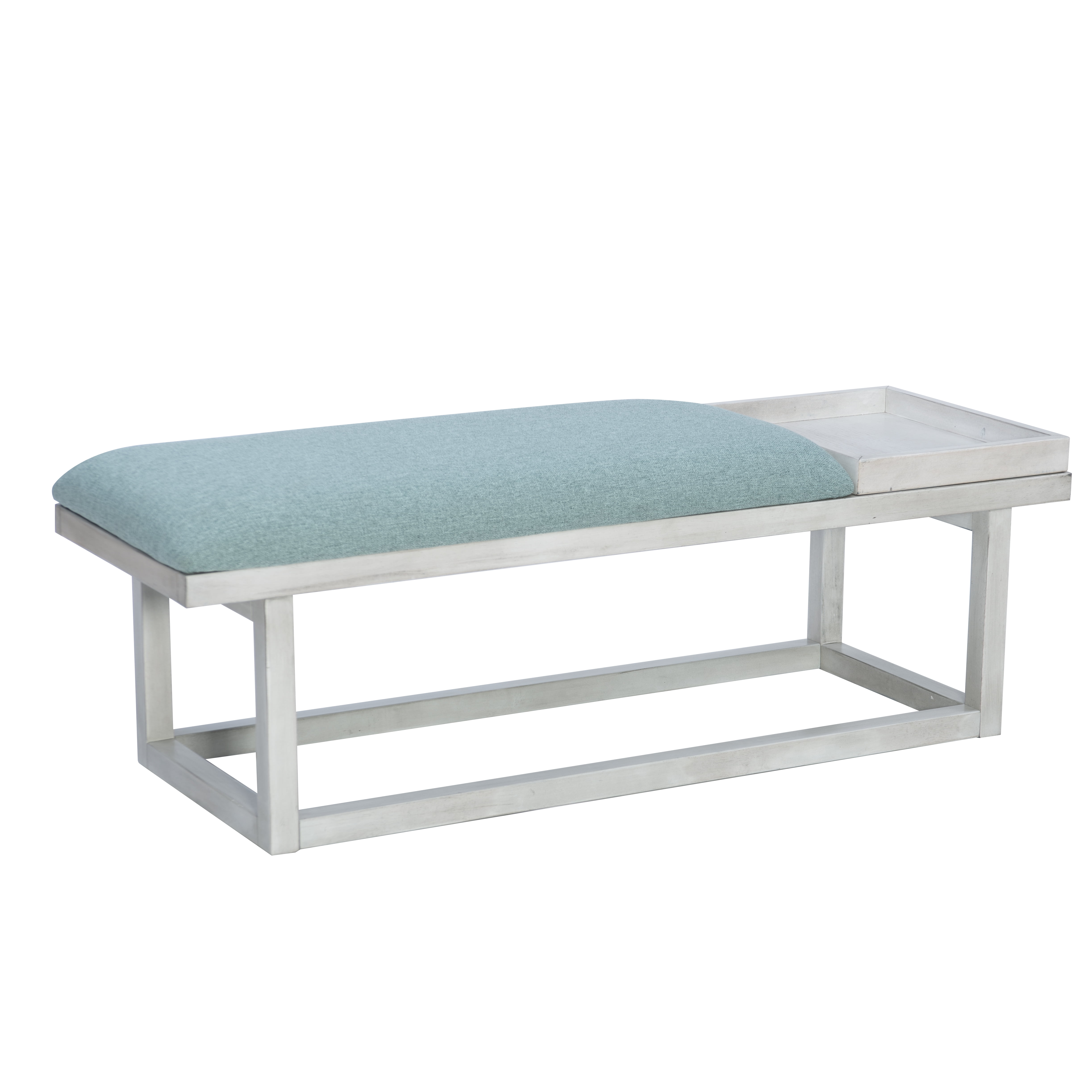 Powell Mickle Upholstered Bench with Built-In Tray, Whitewash/Aqua