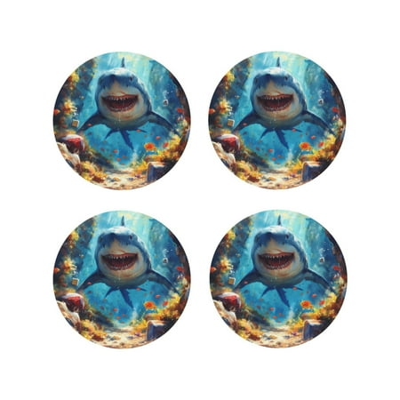 

Fuzoiu Colorful Underwater Shark Print Leather Coasters Set Drink Coasters Set of 4 for Tabletop Protection Durable PVC Coasters Home Décor and Housewarming Gift-Round Shape