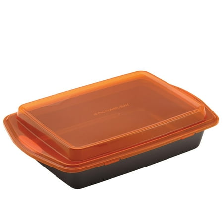 

Rachael Ray 9-Inch by 13-Inch Bakeware Nonstick Cake Pan with Lid Gray with Orange Lid and Handles