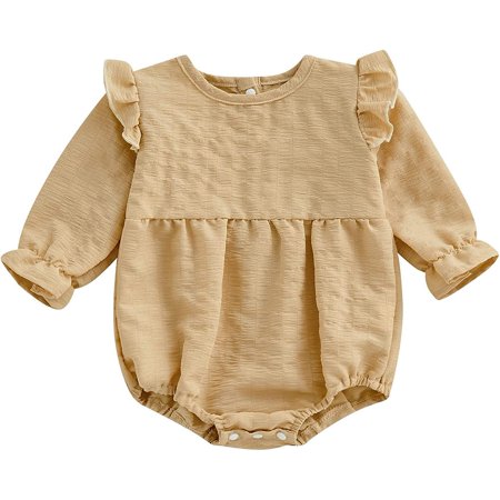 

PIKADINGNIS Newborn Baby Girl Fall Clothes Ruffles Solid Color Crewneck Bubble Sleeve Romper Bodysuit One Piece Jumpsuit Outfits