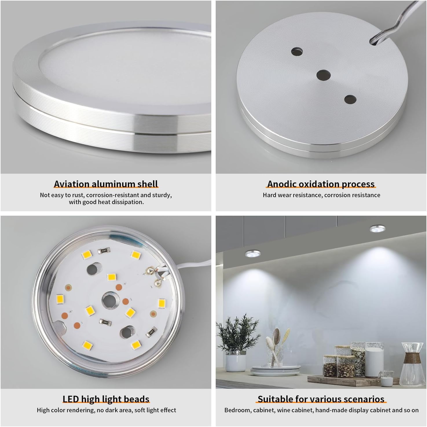 Adjustable LED Cabinet Lights - Wireless Remote Control 12V Plug-in Adapter, Ultra-Thin Sphere Lighting Fixture for Cabinets, Bookshelves, Display Cases, Wine Cabinets - 4-Piece Set