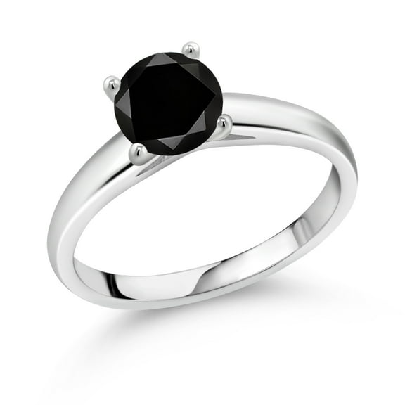 Gem Stone King 1.10 Cttw Round Black Diamond Solitaire Engagement Ring for Women | 10K White Gold | Round 6.5MM | Wedding Engagement Anniversary Promise Ring for Women | Size 8