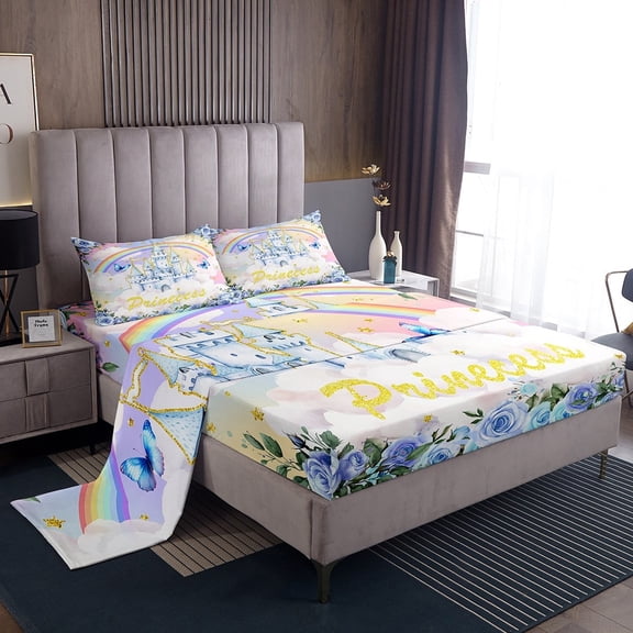 Erosebridal Blue Castle Print Sheet Set Twin, Kawaii Princess Bedding Sets Twin Size, Romantic Rose Floral Reversible Twin Sheet Sets, Lightweight Room Decorative, 3pcs
