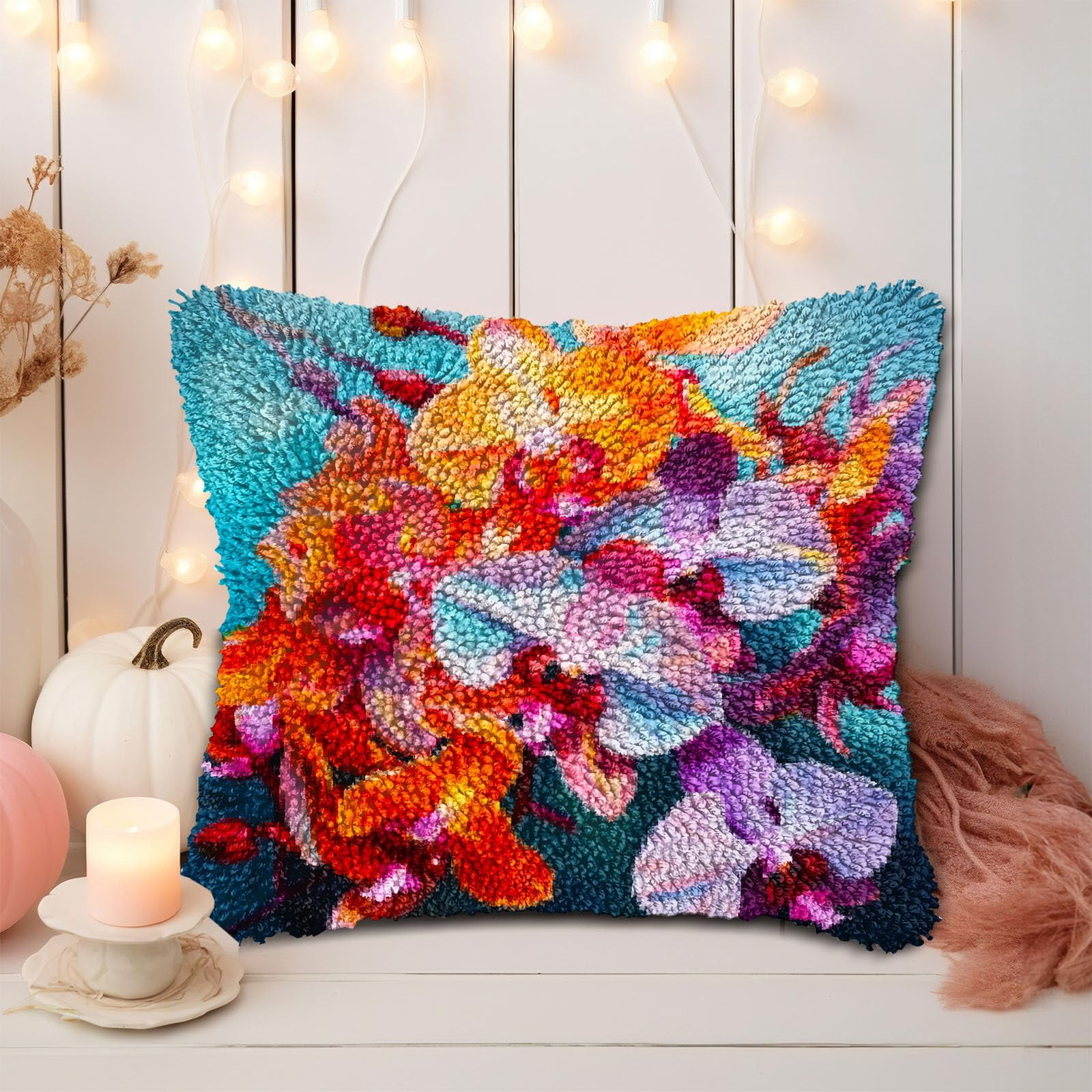 Butterfly Orchid Flowers DIY Latch Hook Pillow Kits for Adults Printed Pillowcase Crochet Yarns Hooking Handmade Pillow Cover Cushion for Home Sofa Decoration 17x17inch