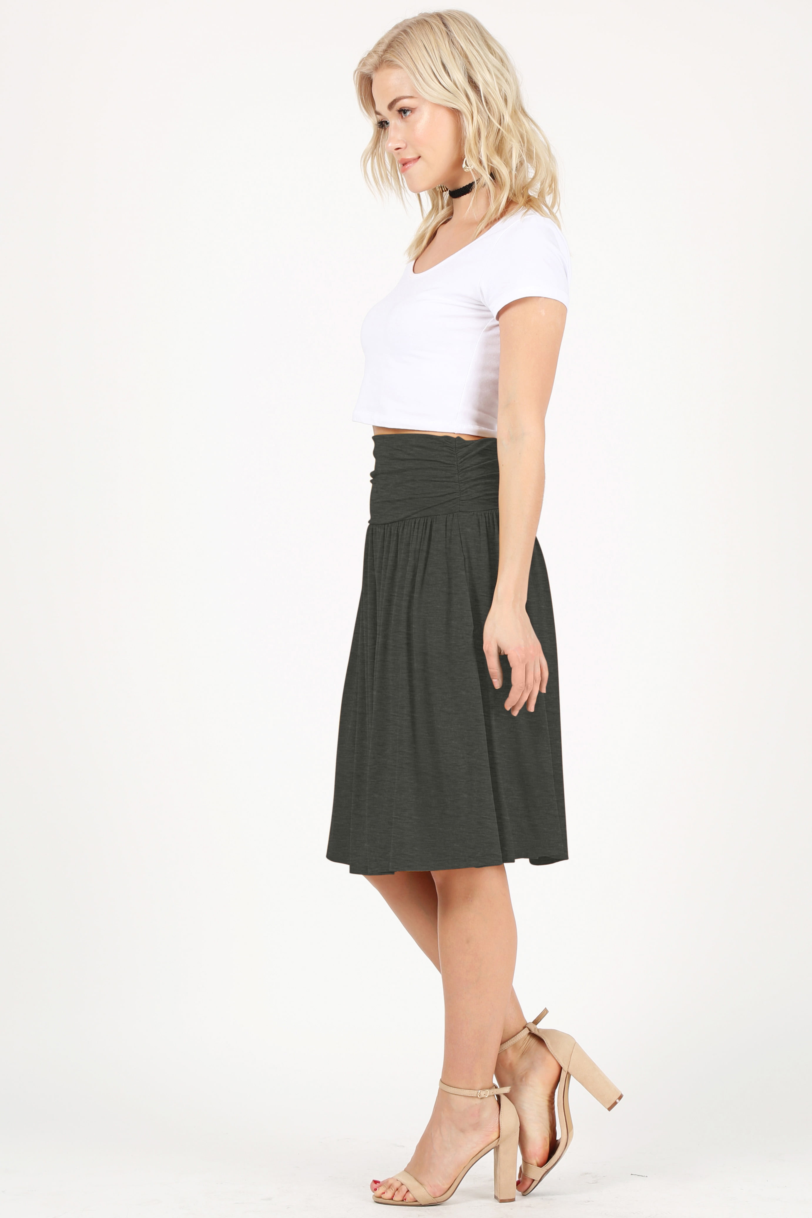 Simlu Womens Regular and Plus Size Skirt with Pockets Below The Knee Length Ruched Flowy Skirt Midi Skirt for Women 