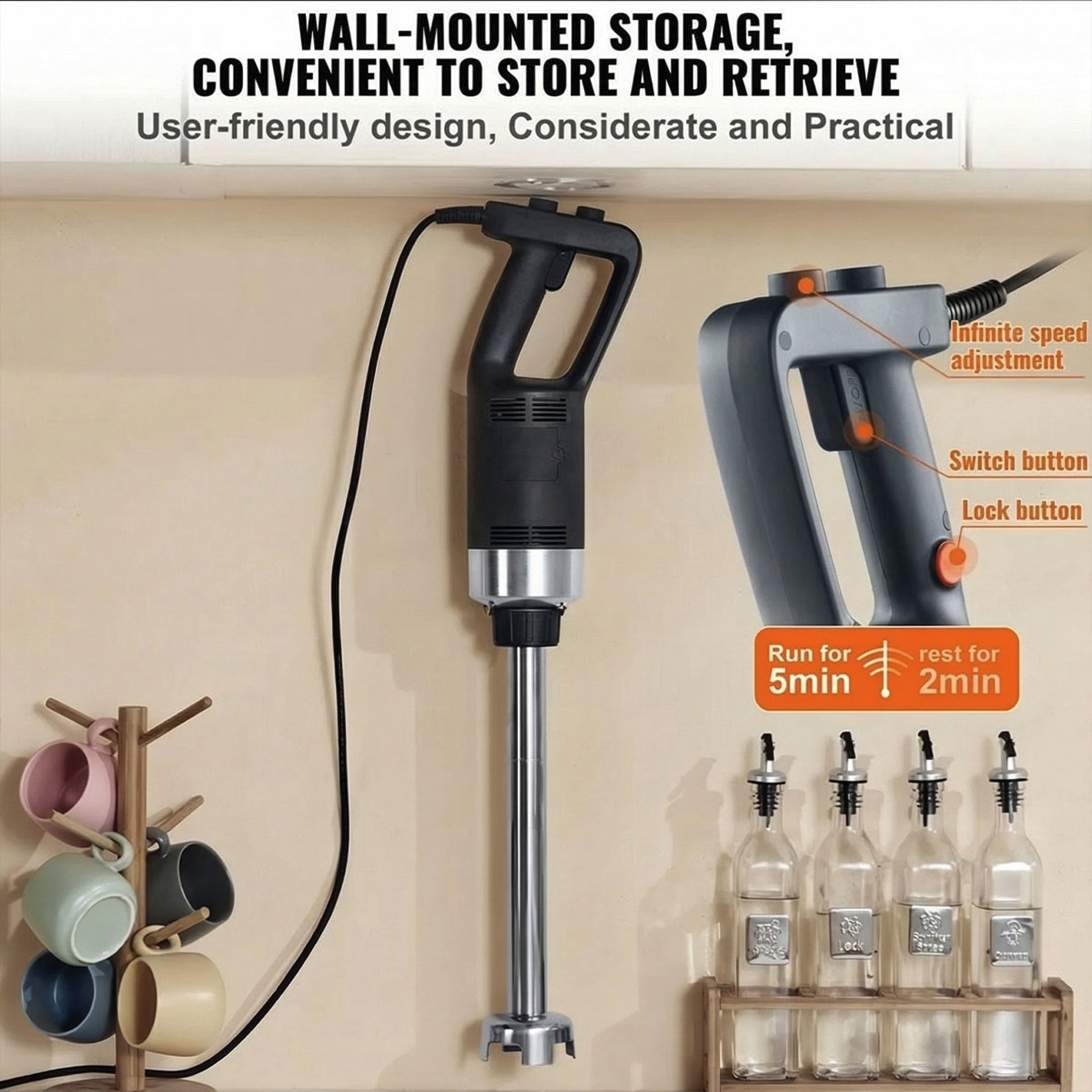 500W Commercial Immersion Blender, 20" Removable 304 Stainless Steel Shaft, Variable Speed 4000-16000 RPM