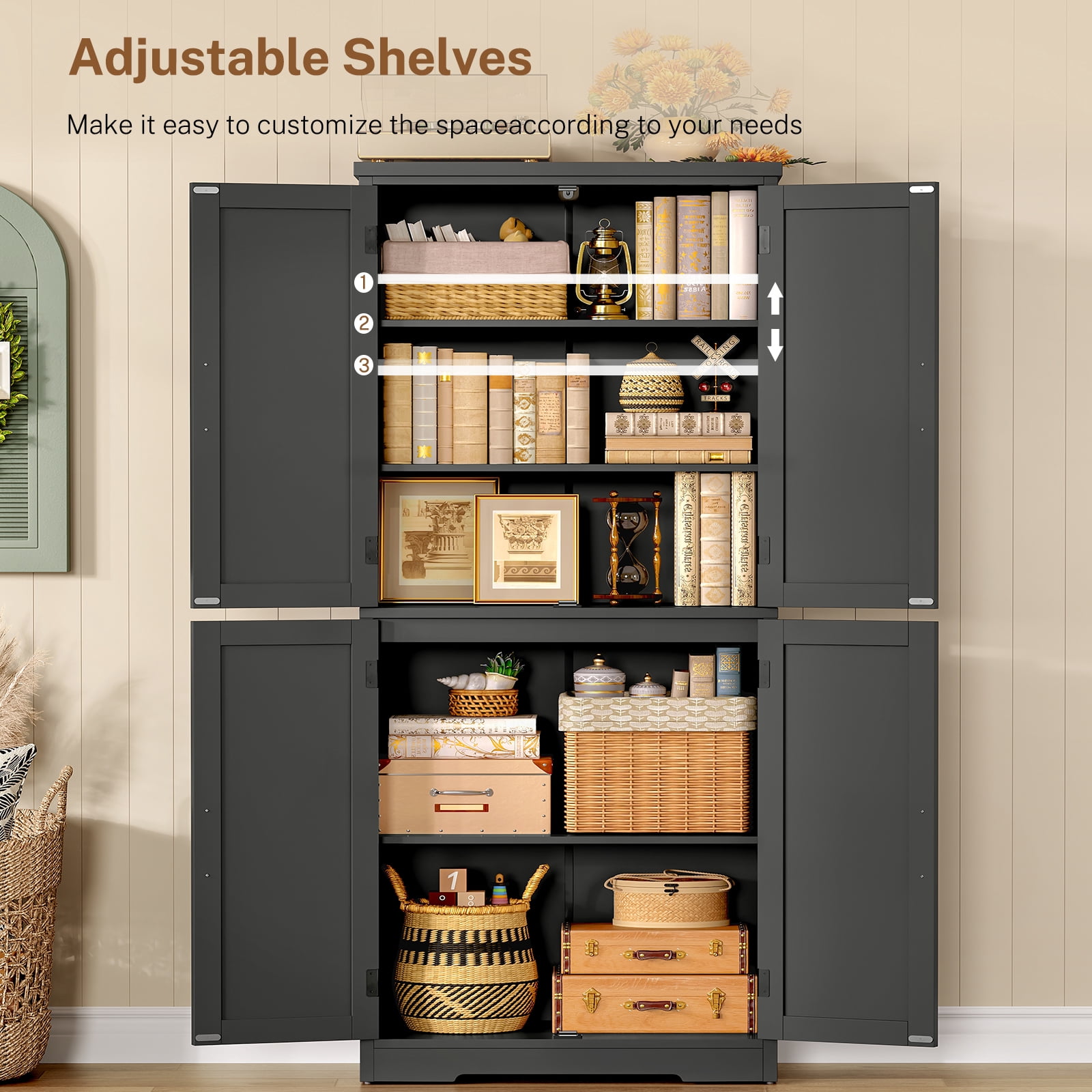 58.27” Kitchen Pantry Cabinets With 4 Doors, Storage Cabinets, Cupboard, Tall Bathroom Cabinets For Dinning Room, Living Room, Black
