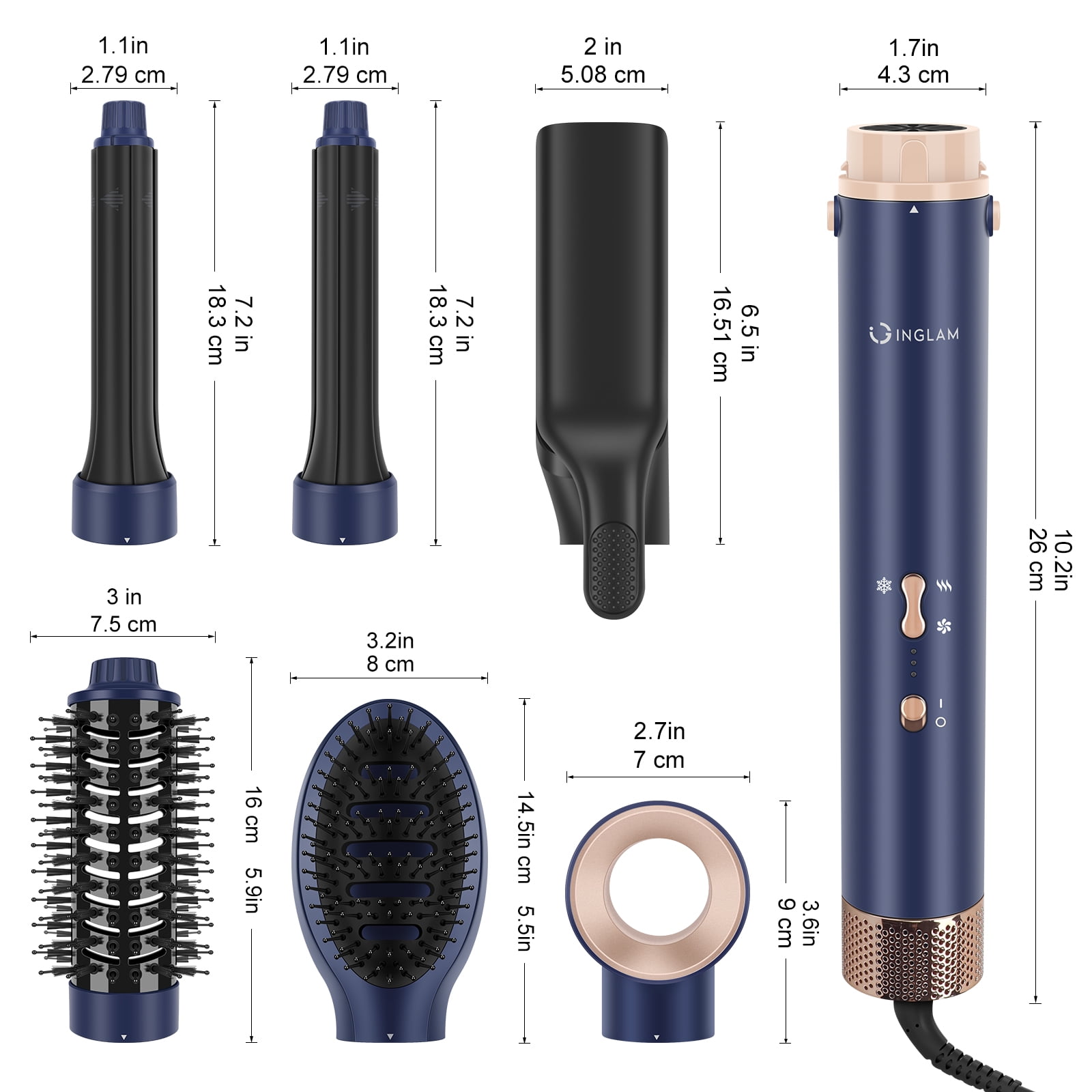 IG INGLAM 6 in 1 Hair Dryer Brush Set with No Heat Damage Air Straightener, 200 Billion Ionic Blow Dryer Brush, High-Speed Hair Dryer Volumizing and Wrap Curlers, Prussian Blue