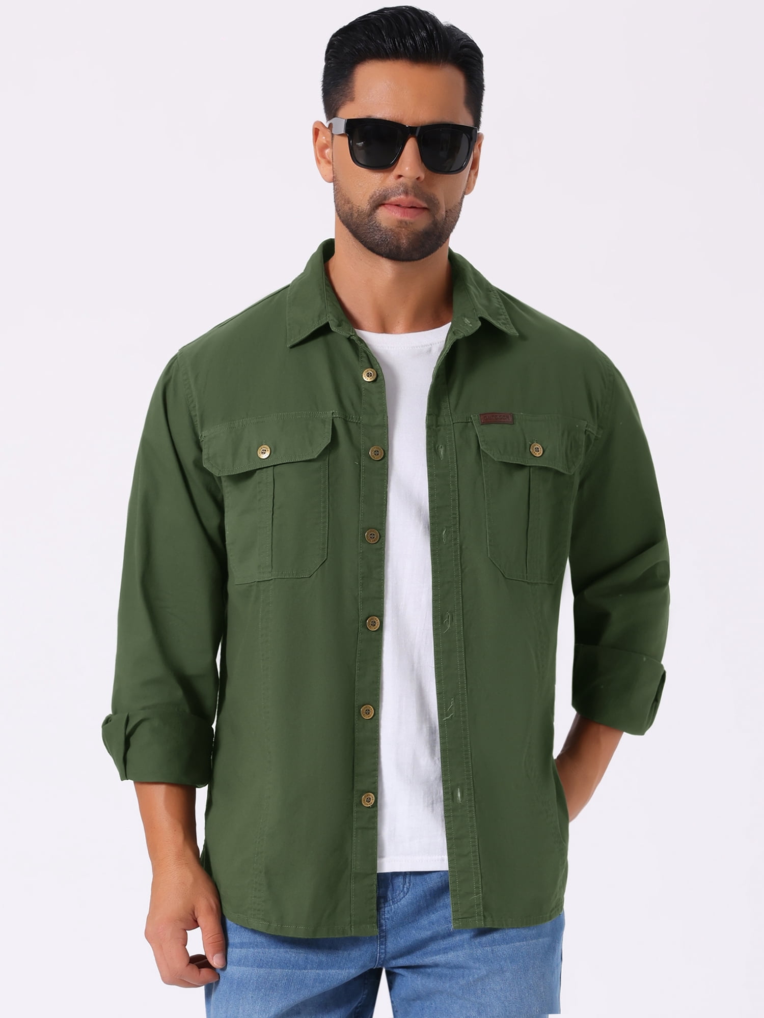 DARING DIVA Men's Casual Workwear Long Sleeve Button Down Hiking Shirts S Olive Green