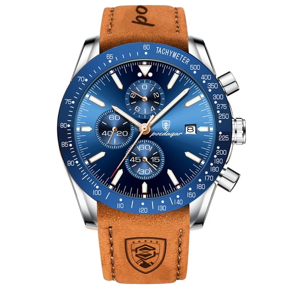 Men's Fashion Stainless Steel Watches Date Waterproof Chronograph Wristwatches,Genuine Leather Strap Waterproof Watch