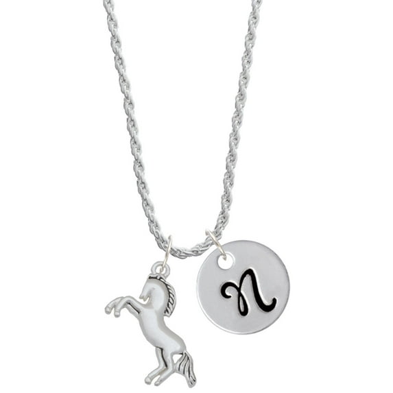 Delight Jewelry Silvertone Small Rearing Horse Silvertone Script Initial Disc - N - Charm Necklace, 20"+3"