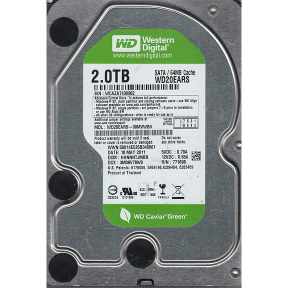 WD20EARS-00MVWB0, DCM HHNNNTJMBB, Western Digital 2TB SATA 3.5 Hard Drive