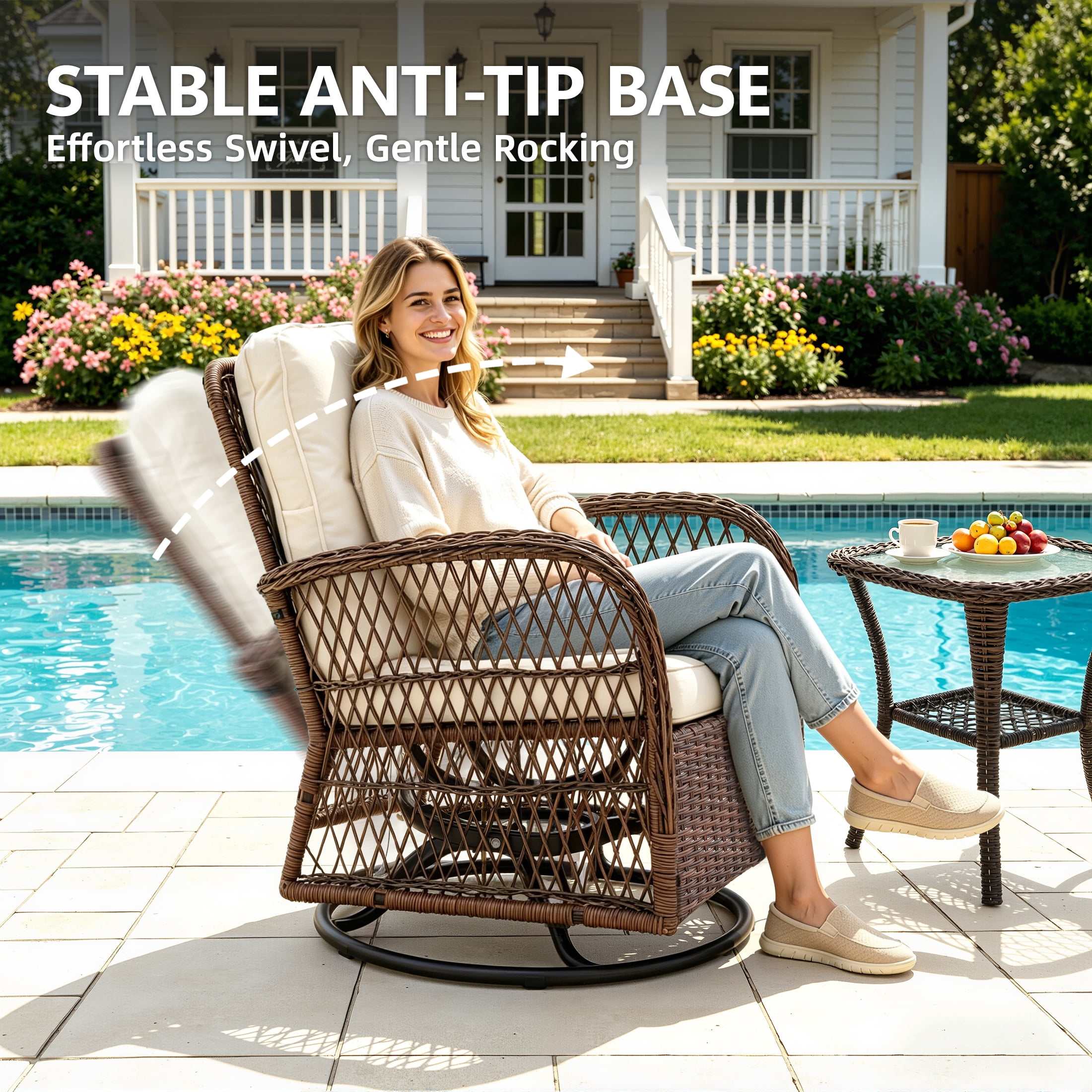 Rattan Outdoor Furniture, 3 Pieces Patio Furniture Set, Wicker Outdoor Swivel Glider Rocker w/Table, Balcony Porch Outdoor Rocking Bistro Set for 2, Beige Cushions