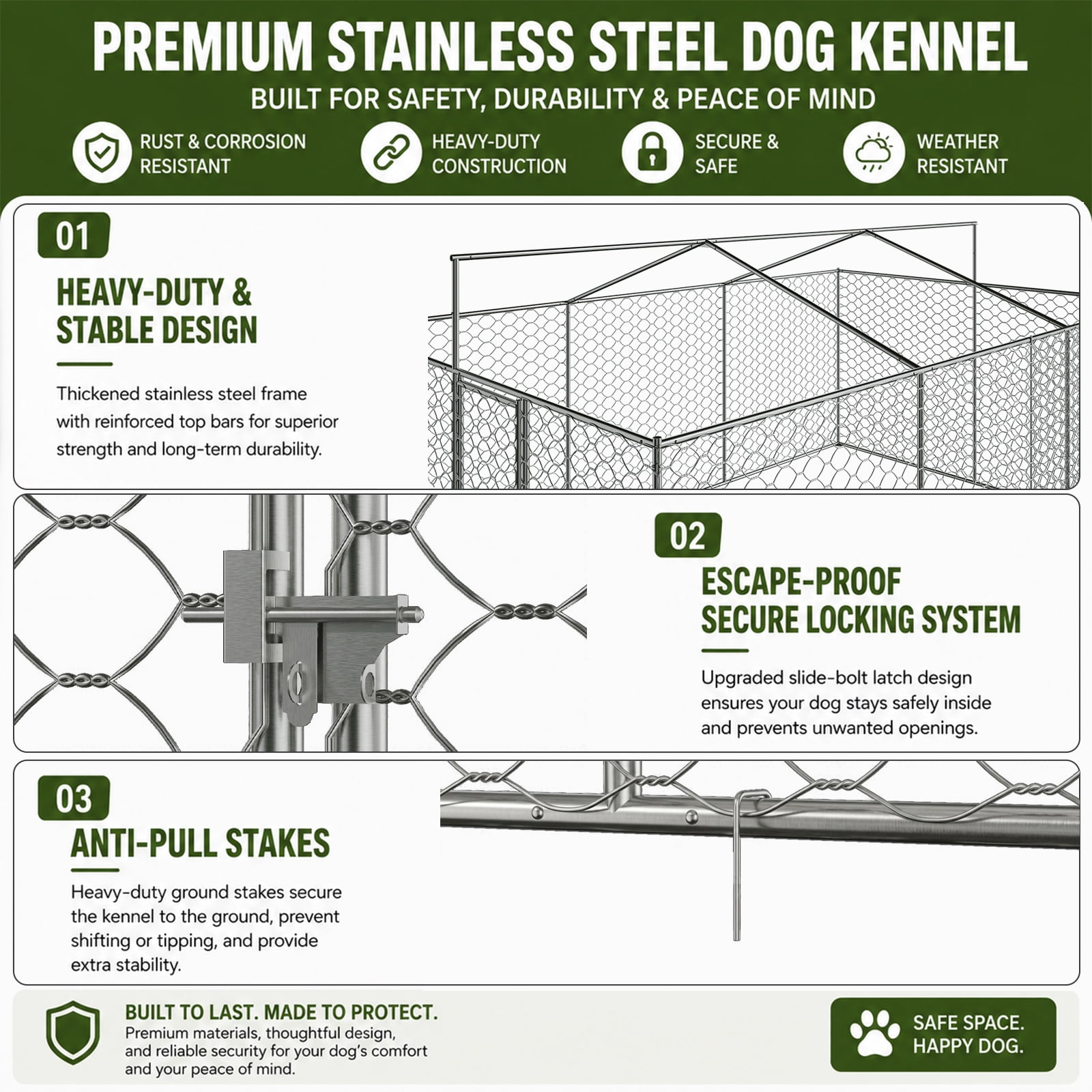 15x10 FT Large Outdoor Dog Kennel with Canopy,Heavy Duty Galvanized Steel,Waterproof Cover,Elevated Feeding Bowls,Escape-Proof Lockable Playpen for Large Dogs & Multiple Pets