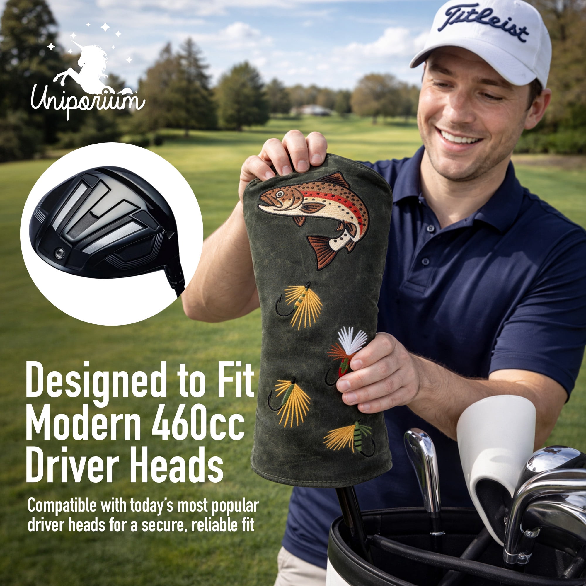 Uniporium Fishing Novelty Head Cover – Premium Waxed Canvas Golf Driver Headcover with Embroidered Fish Details, Designed for Modern 460cc Drivers, and a Fun Golf Accessory and Gift