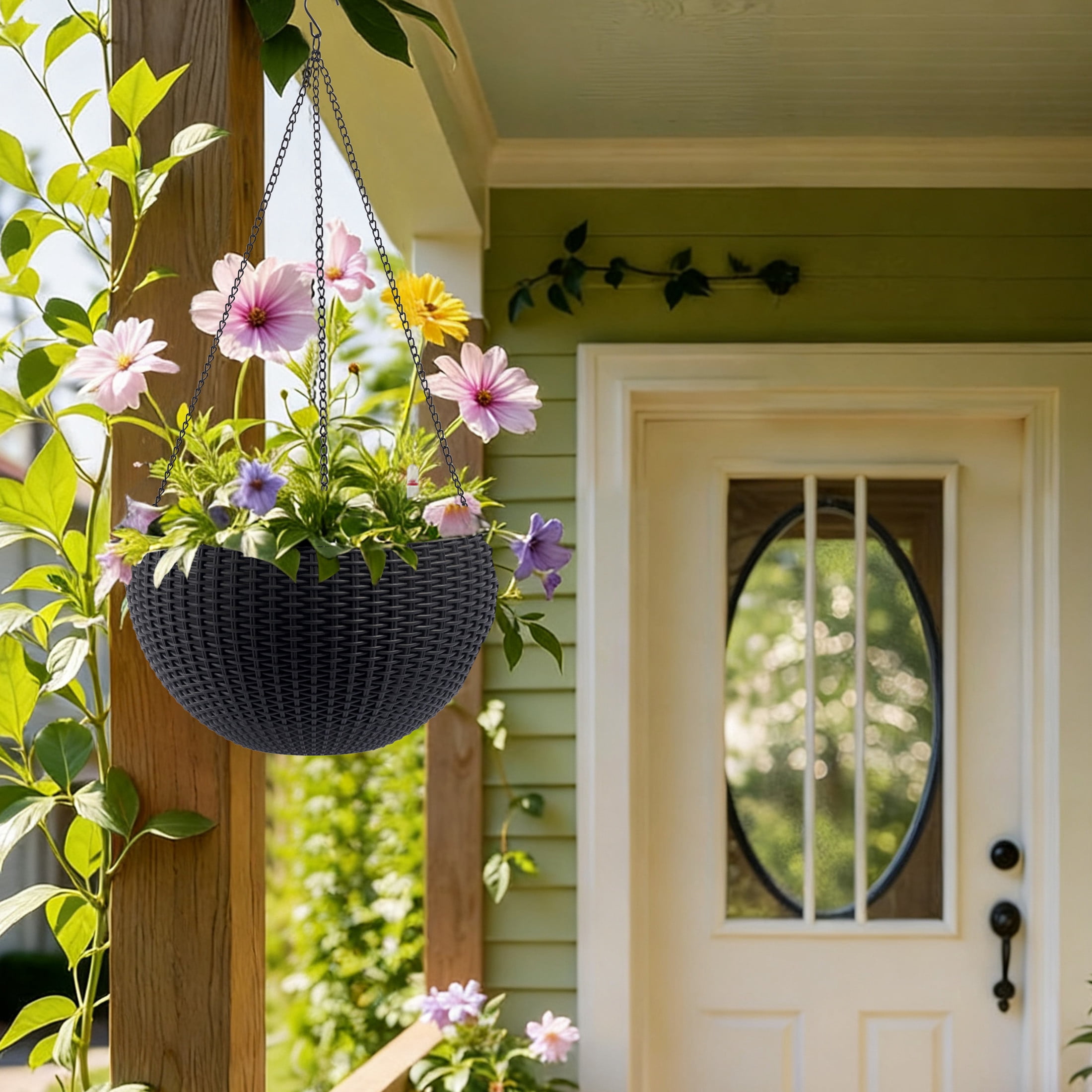 Noble House 2 Pack 13.4" Self-Watering Hanging Planters, Rattan-Style Flower Pots, Black