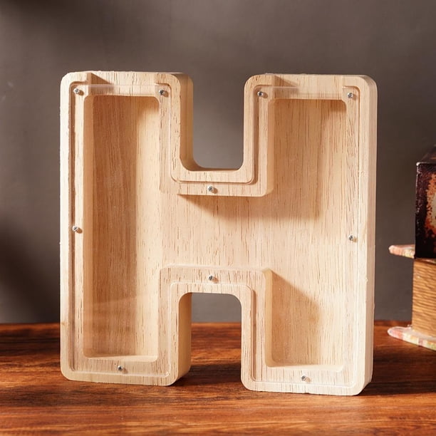 Letter Shaped Piggy Bank Personalized Transparent Window Burly Wood 
