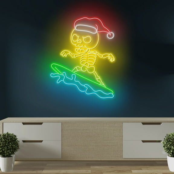 Craftnamesign Skeleton Surfing Xmas Neon Sign, Christmas Wall Art, Surfboard LED Light Up