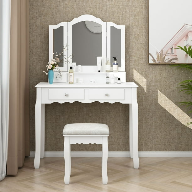 Jaxpety White Tri Folding Mirror Bathroom Vanity Makeup ...