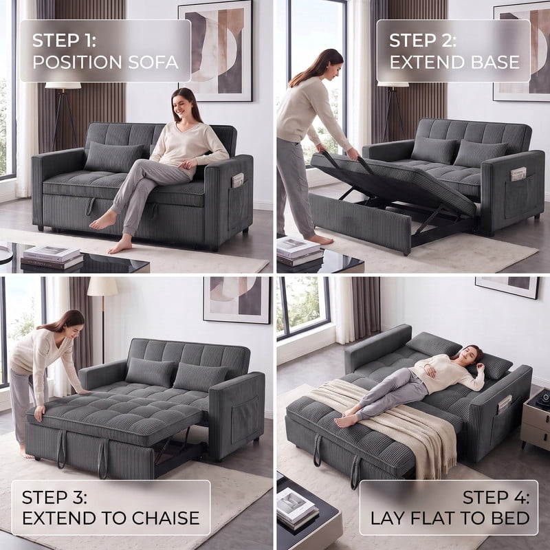 Gewnee 54" Sofa Bed, Convertible Sleeper Sofa & Pull Out Couch with Adjustable Backrest and Storage Pocket, Gray(Corduroy)