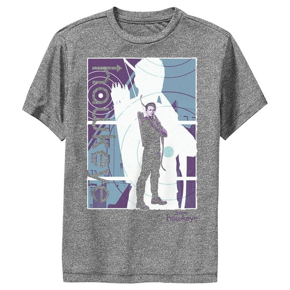 Boy's Marvel Hawkeye Purple Poster  Performance Graphic Tee Charcoal Heather X Large