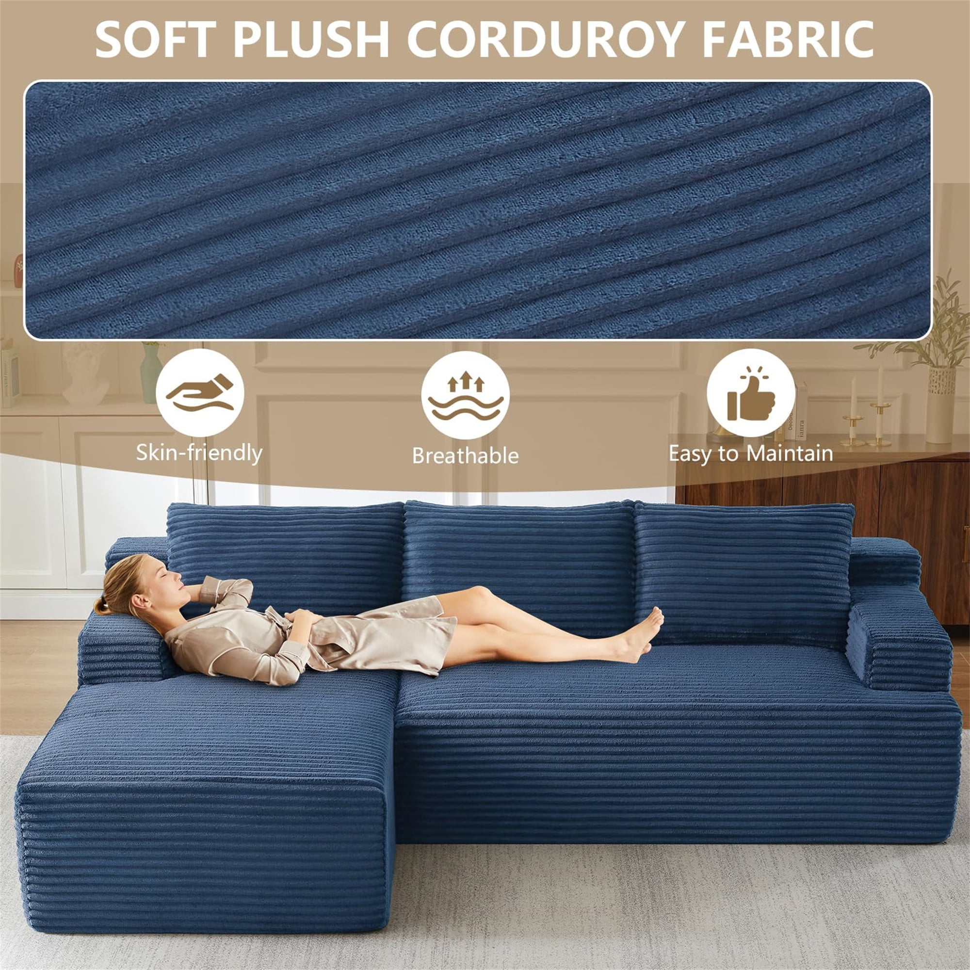 Aukfa 95" Cloud Sectional Sofa Boneless Couch Modular Sofa Bed for Living Room, 2 Side Pockets, Left Chaise, Blue