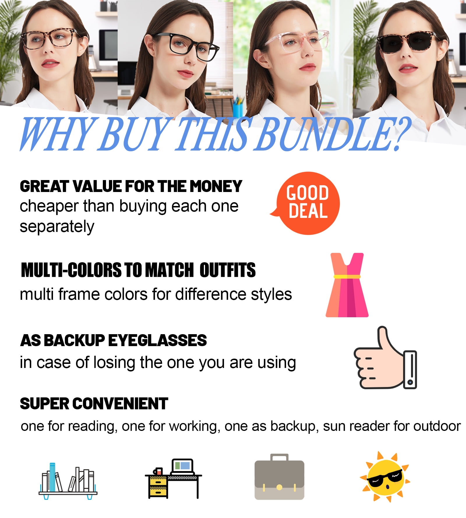 WEMOOTANTS 1 Pair of Big Reading Sunglasses for Women 3 Packs Blue Light Blocking Readers 1.00 1.25 1.50 1.75 2.00 2.25 2.50 2.75 3.00 3.50 4.00 (225)
