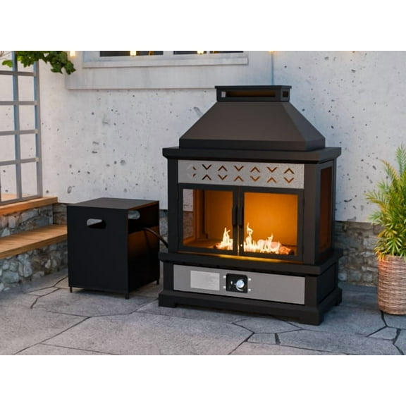 INTER HUT Propane Fireplace with Tank Table & Rain Cover 50,000 BTU CSA Certified Gas Fire Pits for Outside Patio
