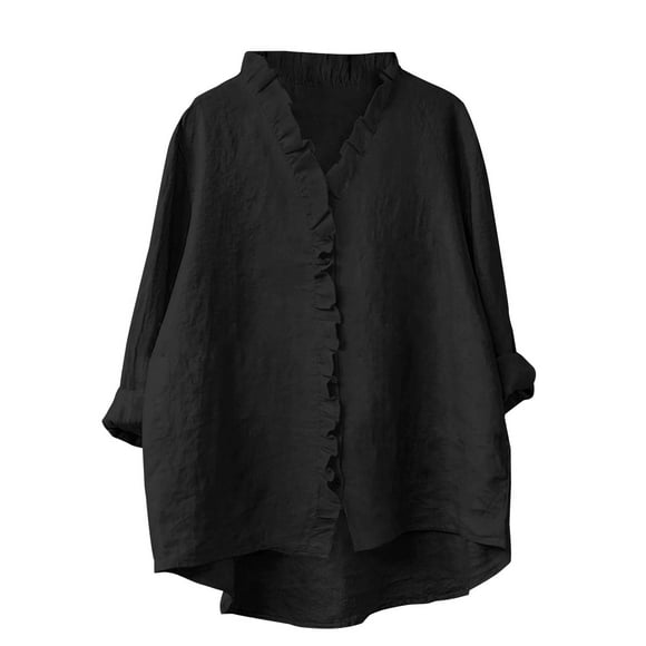 Yubnlvae Women's Ruffled V-Neck Blouse 3/4 Sleeve Cotton Linen Top - Casual Ruffle Trim V-Neck Shirt - Summer Beach & Office Wear (S-XXXL) (Black | L)
