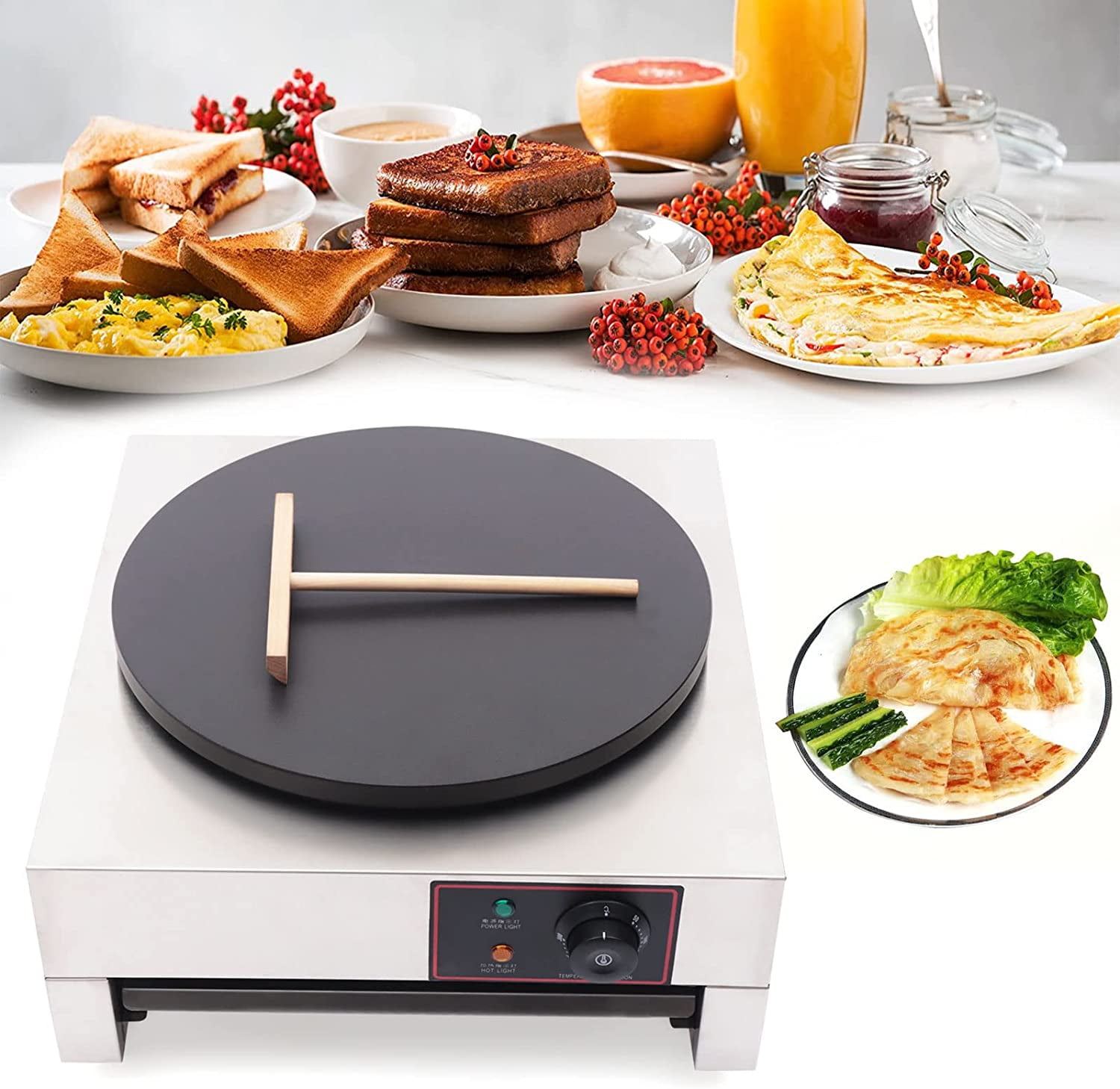 FETCOI Pancake Maker, 1700W Commercial Nonstick Electric Crepe Maker with  16'' Heating Plate  Rolling Flat Tool Adjustable Temperature  50-300℃(122-572℉) for Tortilla