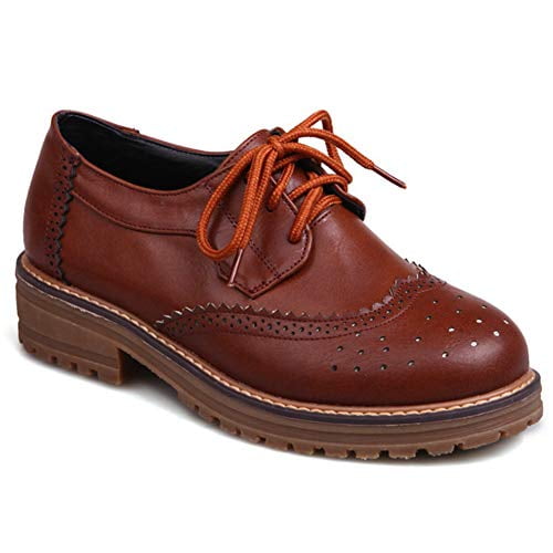 Meiliya Women's Vintage Oxford Shoes Low Chunky Heel Vegan Leather Brogues Platform Shoes, Lace Up Perforated Stacked Pumps Flats Loafers Dress