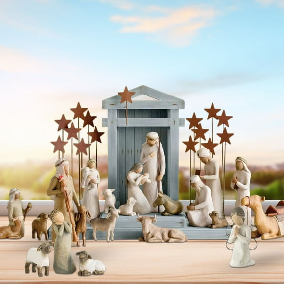 Nativity Starter Figures 22 Piece Set, Sculpted Hand-Painted Nativity Figures Willow Tree Figures With The Three Wisemen Manger Nativity Scene Set