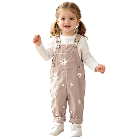 BFHHYA Baby Girls Overall Pants Adjustable Strap Sleeveless Jumpsuit Bottoms with Floral Embroidered Casual Front Button Suspender Trousers