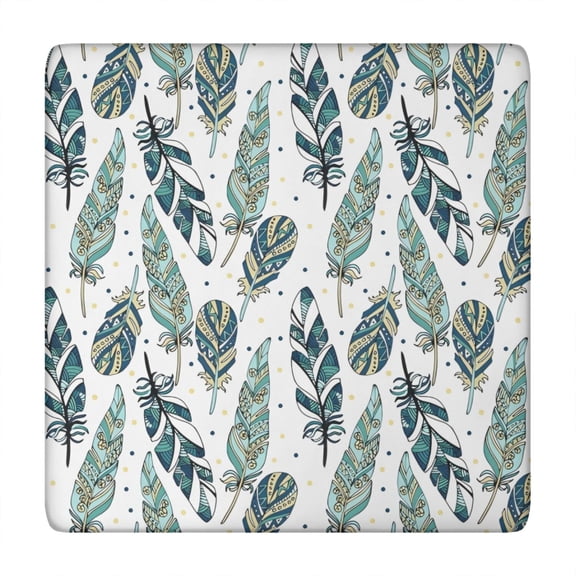 Blue Boho Tribal Feathers Pattern Square Fitted Tablecloth with Elastic Edge,Square Table Cover,Washable Elastic Table Cover for Home Kitchen Party Decor 34"x34"