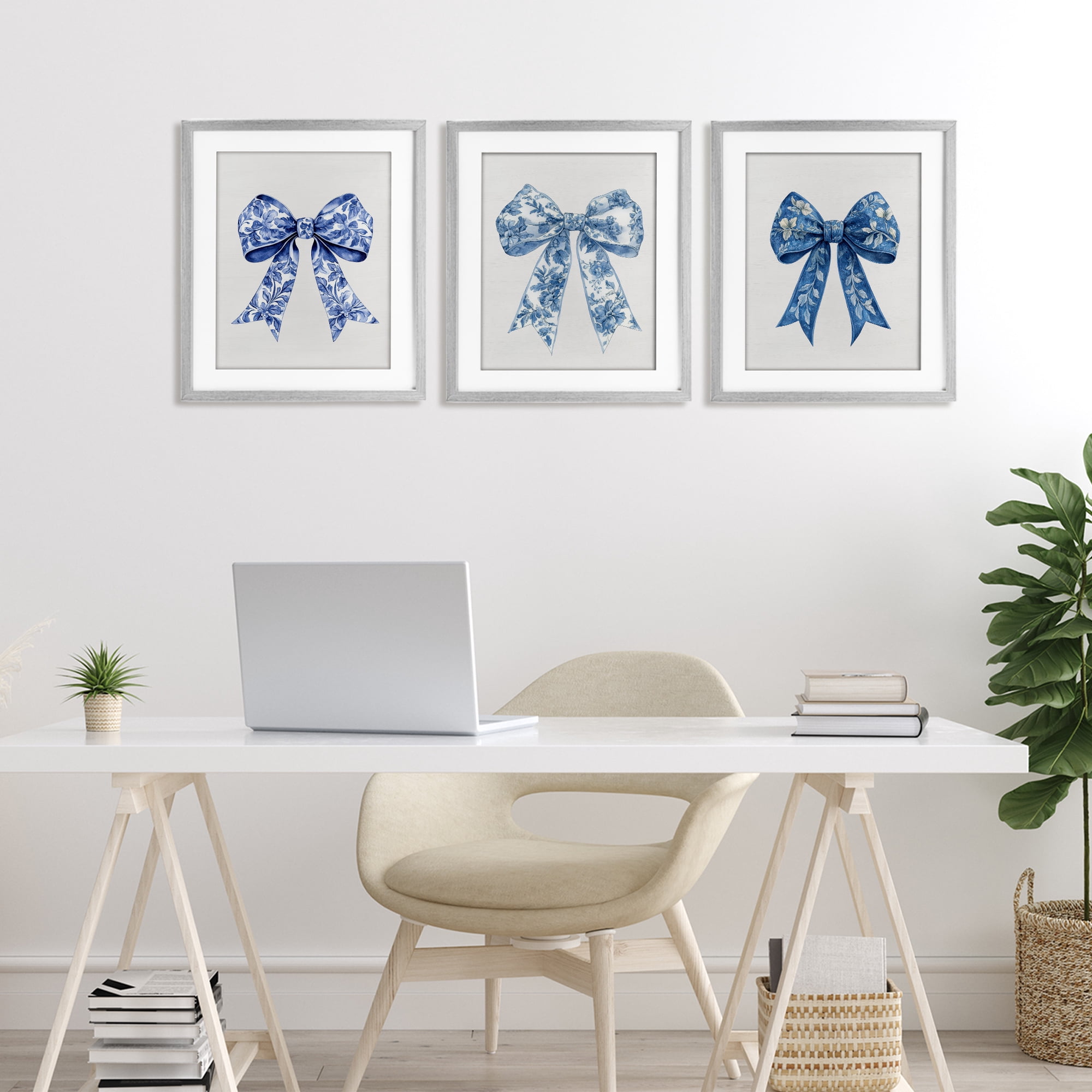 Vintage Toile Pattern Bows 3 Piece Gray Framed Print Under Glass Set, design by Lettered and Lined