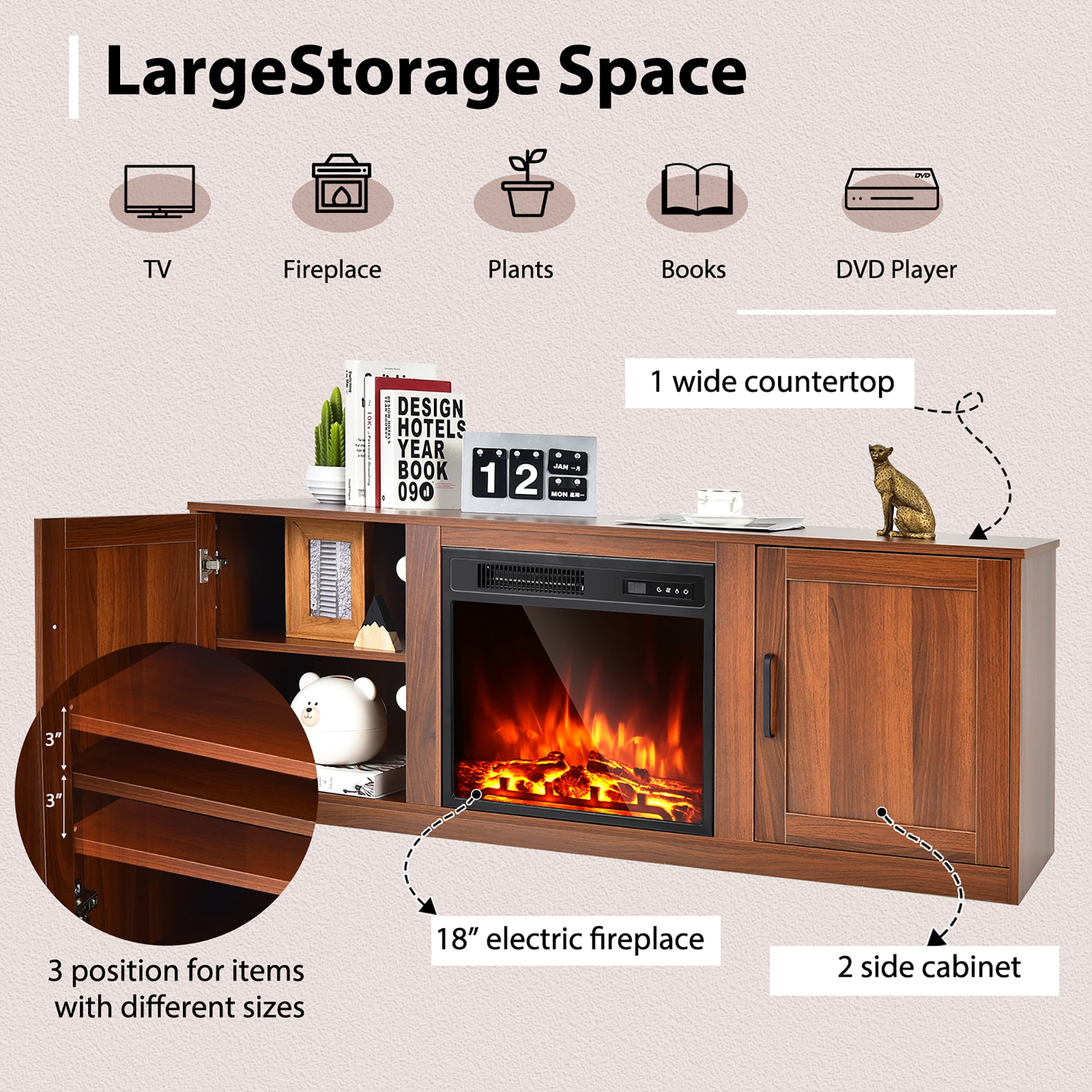 Costway 58'' Fireplace TV Stand Entertainment Console W/ 18'' Electric  Fireplace Coffee - Walmart.com
