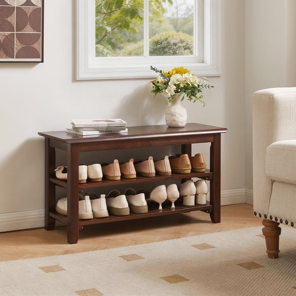 OTONIPU Solid Wood Shoe Bench with 2-Tier Storage Shelves, Entryway Shoe Rack Seat for Hallway