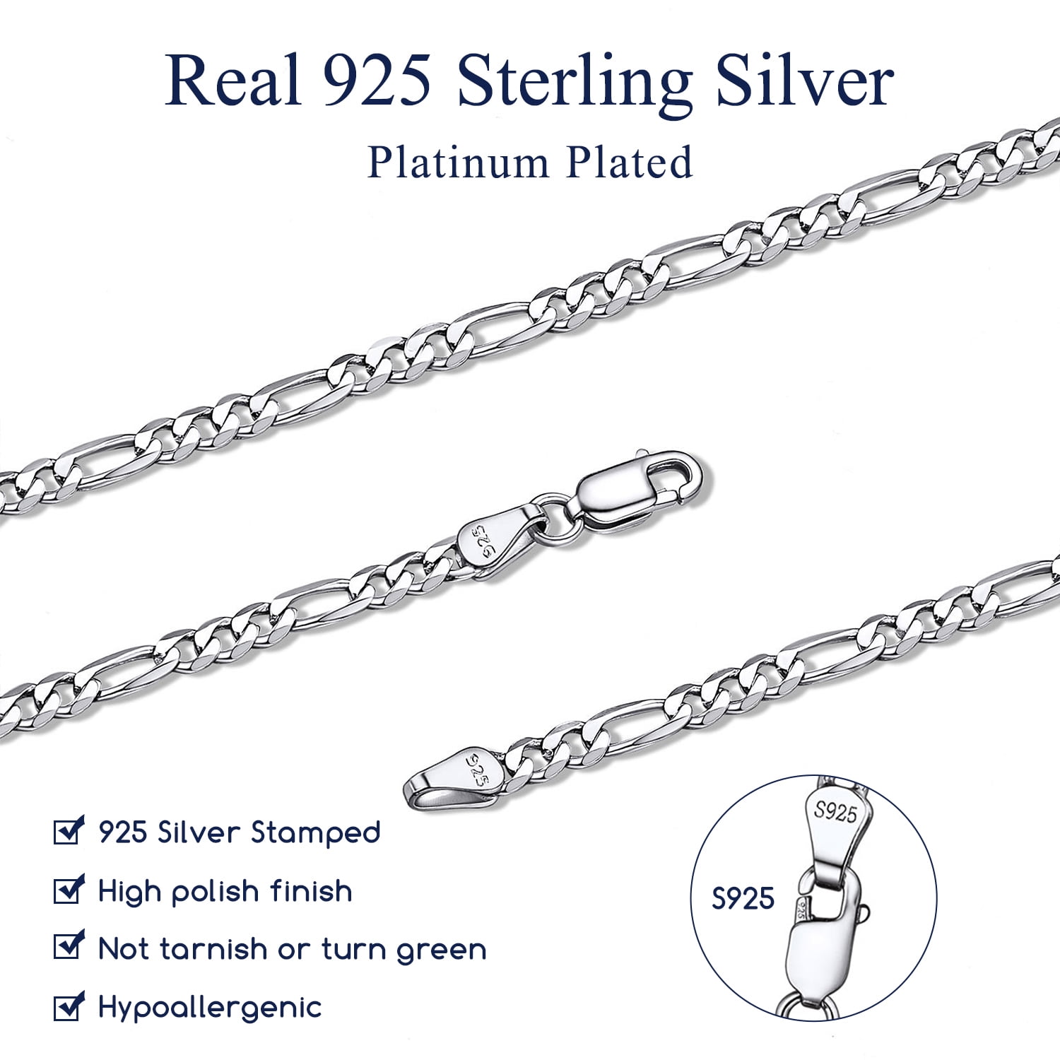 Suplight Solid 925 Sterling Silver 3mm/5mm Figaro Chain Necklace, Jewelry Gift for Men Women