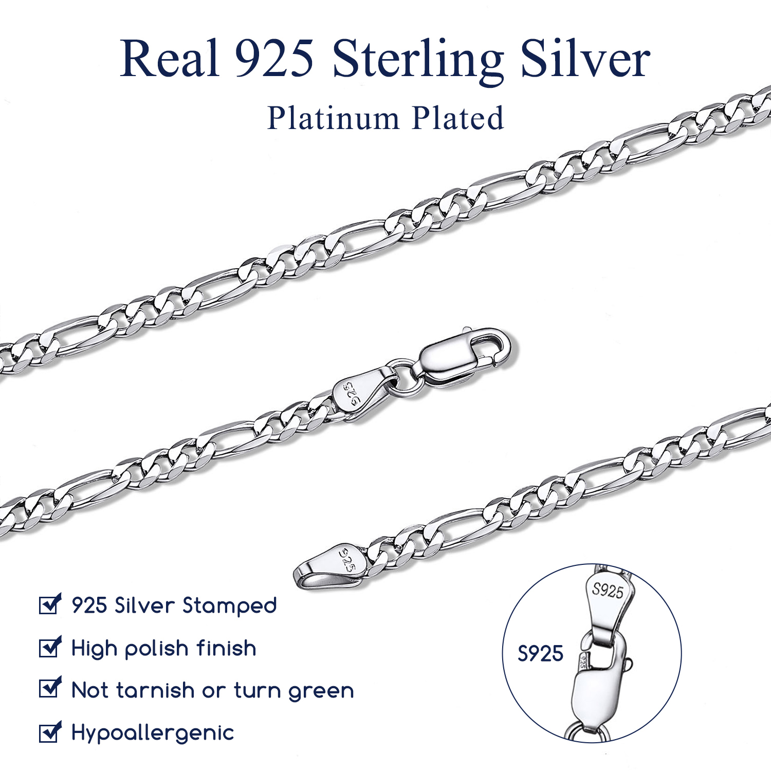 Suplight 925 Sterling Silver Figaro Chain Necklace, 20 Inches photo 8
