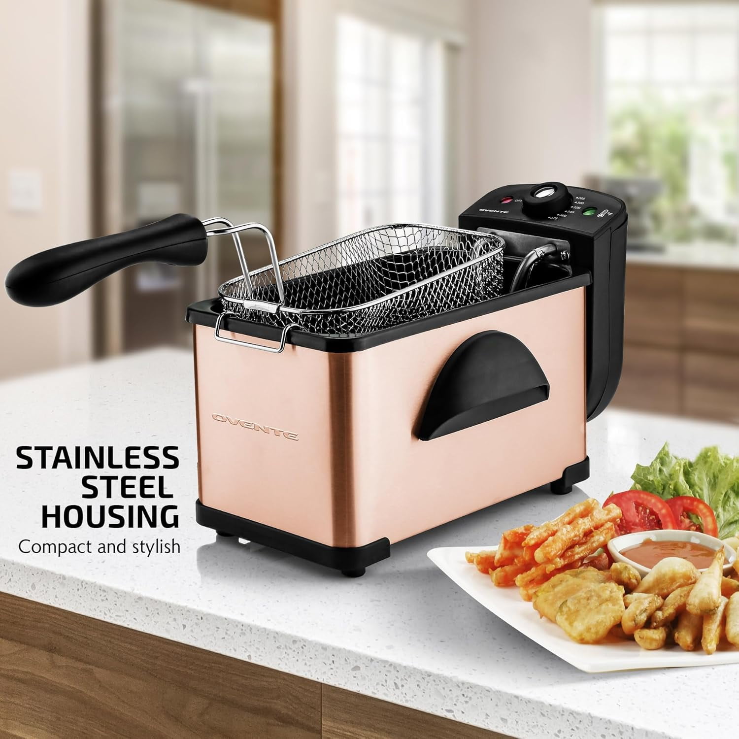 OVENTE Electric Deep Fryer 2L Capacity, Lid with Viewing Window, Adjustable Temperature, Removable Frying Basket & Cool Touch Handle, 1500W Power, Easy to Clean Stainless Steel Body, Copper FDM2201CO
