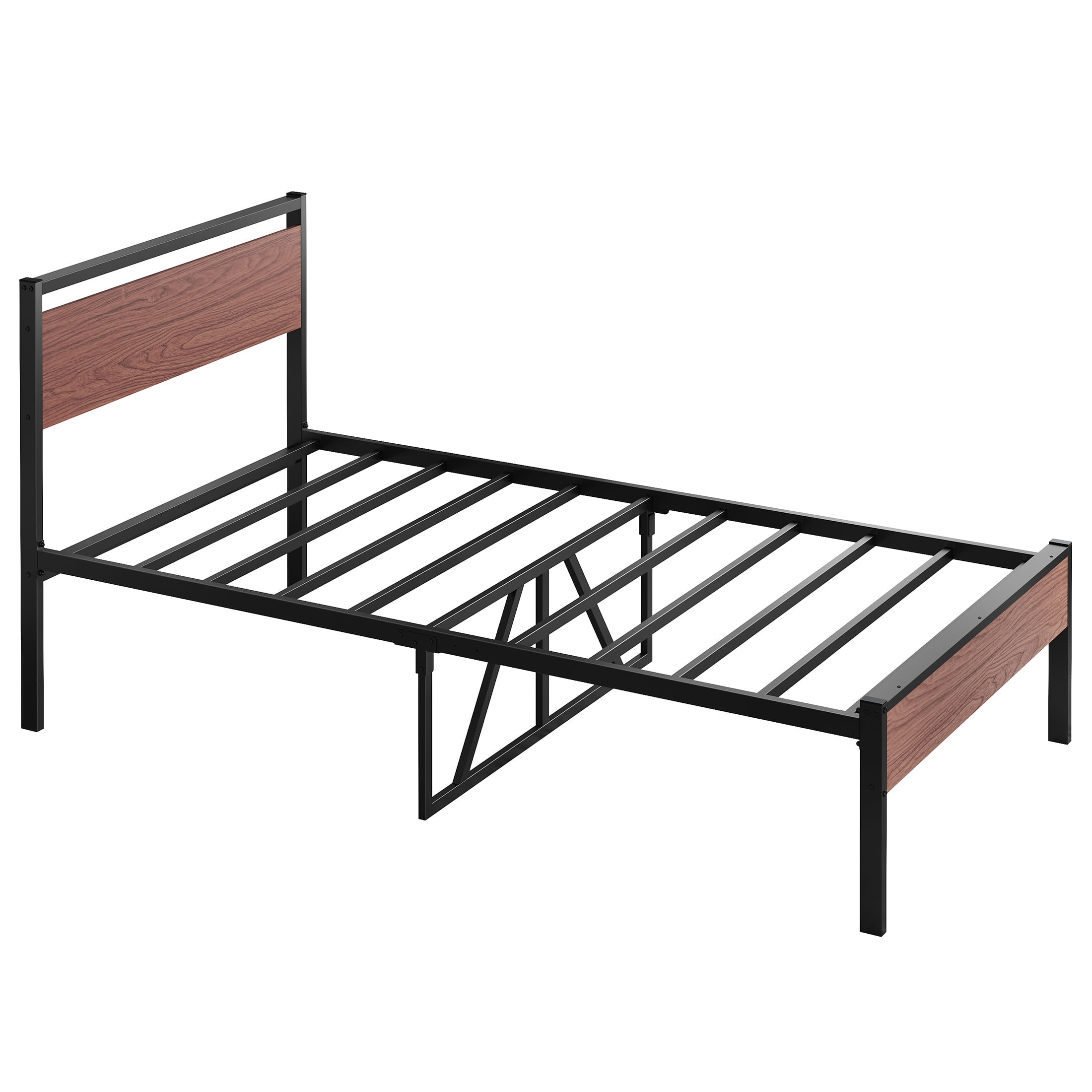 PAPROOS Twin Bed Frame, Metal Twin Bed with Wooden Panel Headboard, Platform Bed with Underbed Storage, Twin Size Metal Bed Frame, No Box Spring Needed, Rustic Brown