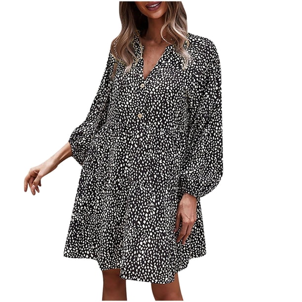 Vestido de manga larga con cuello en V y estampado de leopardo con botones sueltos informales para mujer Fridja yut5772